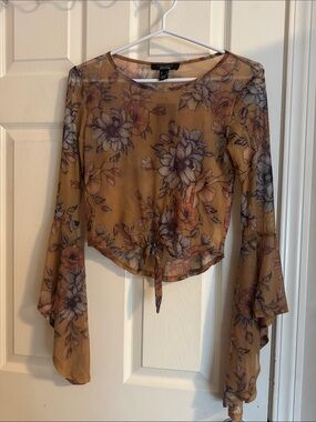 Free w/ Purchase over $20 - Mustard Floral Tie-Front Bell Sleeve Blouse